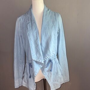 Max Jeans Light Blue Jean Jacket barn coat, adjustable waist, pockets,NWOT small